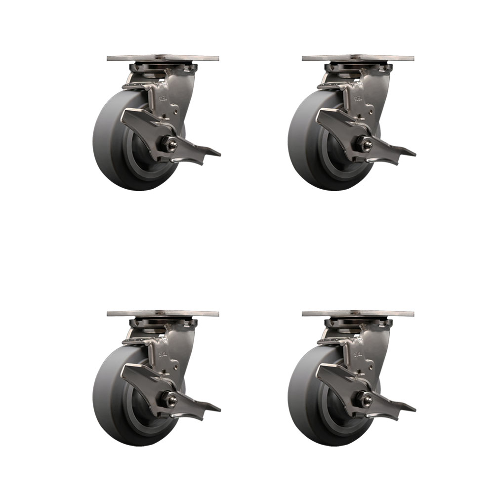 316 Stainless Steel Heavy Duty Swivel Caster Set of 4 with 5 Inch Thermoplastic Rubber Flat Tread Wheels and Ball Bearings - Includes 4 Swivel with Top Lock Brakes - Service Caster Brand — photo 1