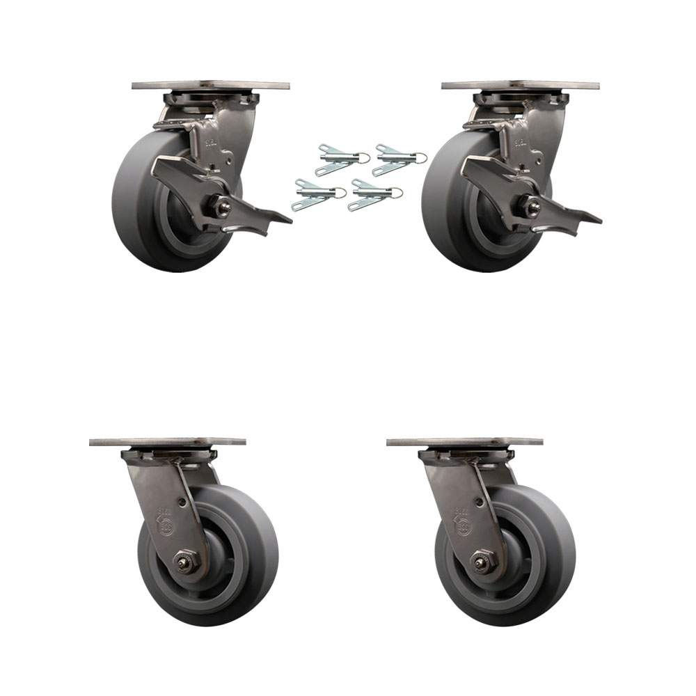 316 Stainless Heavy Duty Swivel Caster Set with 5 Inch Thermoplastic Rubber Flat Tread Wheels and Delrin Bearings-Include 2 Swivel w/Brakes&Swivel Lock and 2 Swivel w/Swivel Lock- Service Caster Brand — photo 1
