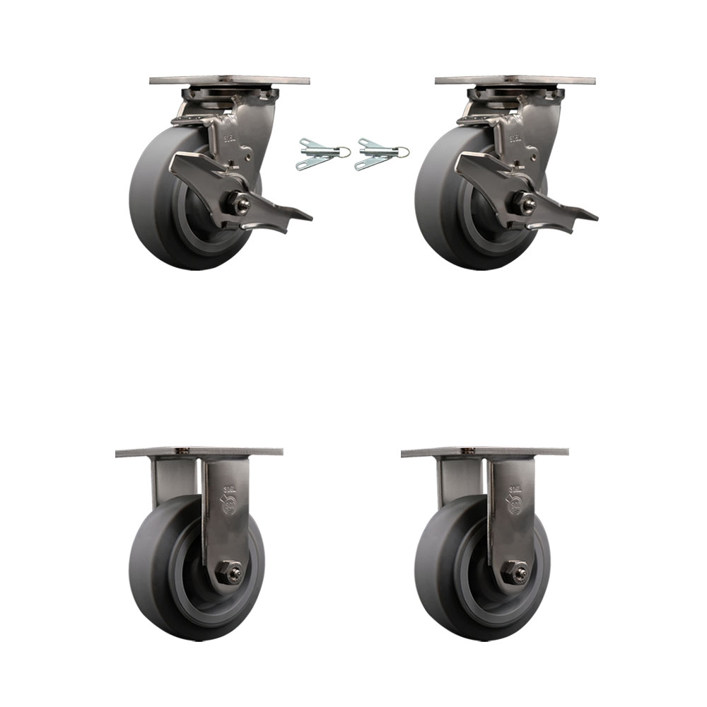 316 Stainless Steel Heavy Duty Swivel Caster Set with 5 Inch Thermoplastic Rubber Flat Tread Wheels - Includes 2 Swivel with Brakes and Bolt on Swivel Locks and 2 Rigid - Service Caster Brand — photo 1