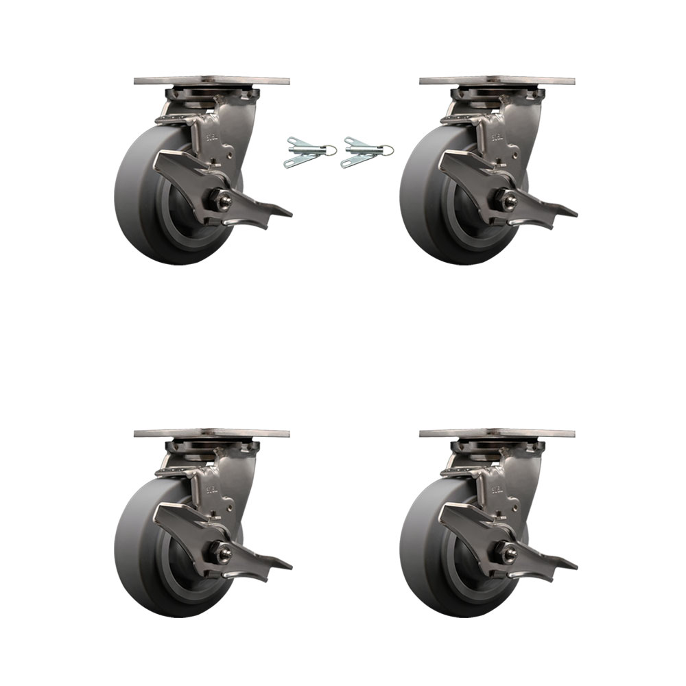 316 Stainless Steel Heavy Duty Swivel Caster Set with 5 Inch Thermoplastic Rubber Flat Tread Wheels and Delrin Bearing-Include 2 Swivel w/Brake & Swivel Lock and 2 Swivel w/Brake- Service Caster Brand — photo 1
