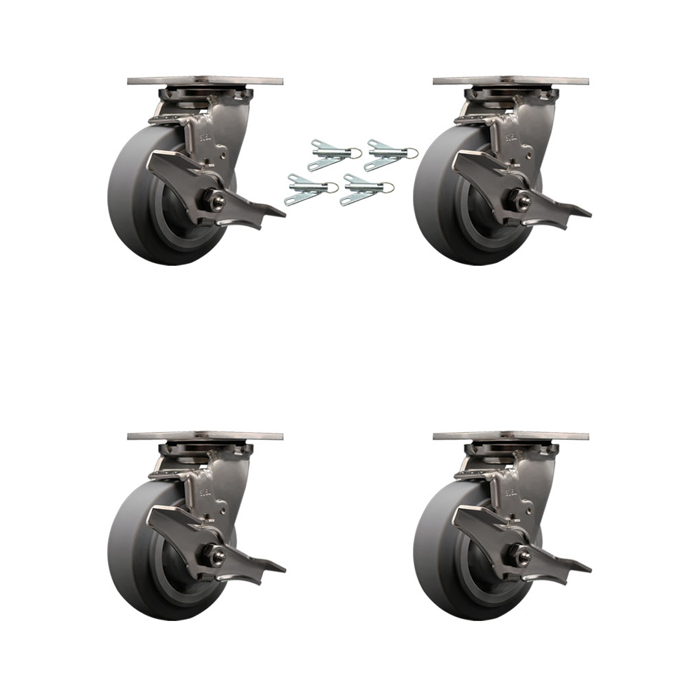 316 Stainless Steel Heavy Duty Swivel Caster Set of 4 with 5 Inch Thermoplastic Rubber Flat Tread Wheels and Delrin Bearings - Includes 4 Swivel w/Brakes and Bolt on Swivel Locks- Service Caster Brand — photo 1