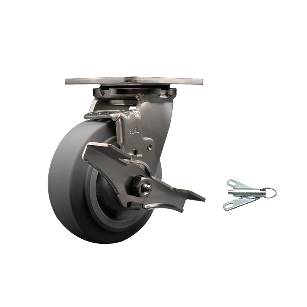 316 Stainless Steel Heavy Duty Swivel Top Plate Caster with Top Lock Brake and Bolt on Swivel Lock and 5 Inch Thermoplastic Rubber Flat Tread Wheel with Delrin Bearings - Service Caster Brand — photo 1
