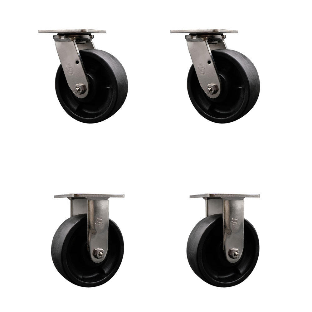 316 Stainless Steel Heavy Duty Swivel Caster Set of 4 with 6 Inch Glass Filled Nylon Wheels and Delrin Bearings - Includes 2 Swivel and 2 Rigid - 5,000 lbs. Total Capacity - Service Caster Brand — photo 1