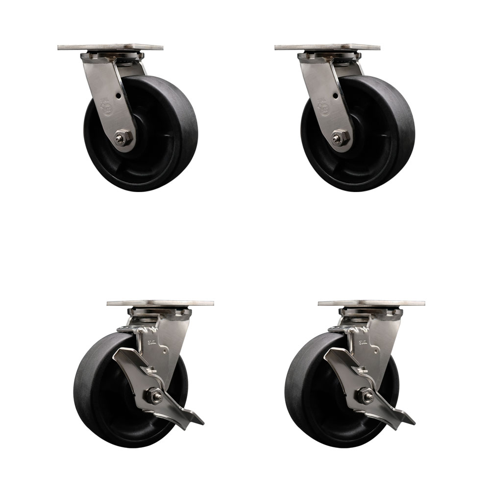 316 Stainless Steel Heavy Duty Swivel Caster Set of 4 with 6 Inch Glass Filled Nylon Wheels - Includes 2 Swivel with Brakes and 2 Swivel - 5,000 lbs. Total Capacity - Service Caster Brand — photo 1