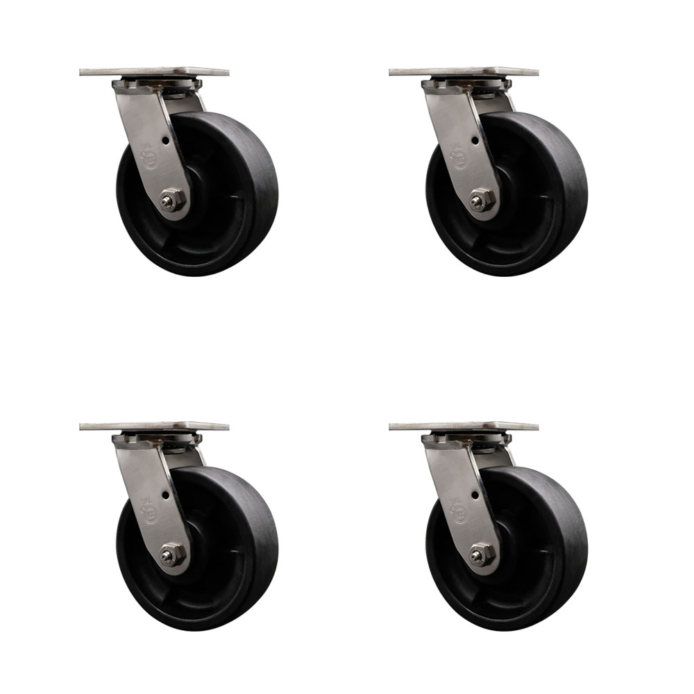 316 Stainless Steel Heavy Duty Swivel Caster Set of 4 with 6 Inch Glass Filled Nylon Wheels - Includes 4 Swivel - 5,000 lbs. Total Capacity - Service Caster Brand — photo 1