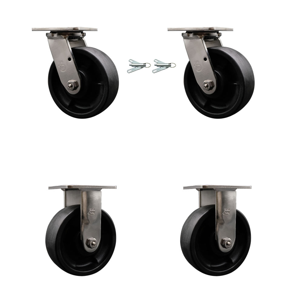 316 Stainless Steel Heavy Duty Swivel Caster Set of 4 with 6 Inch Glass Filled Nylon Wheels and Delrin Bearings - Includes 2 Swivel with Bolt on Swivel Locks and 2 Rigid - Service Caster Brand — photo 1