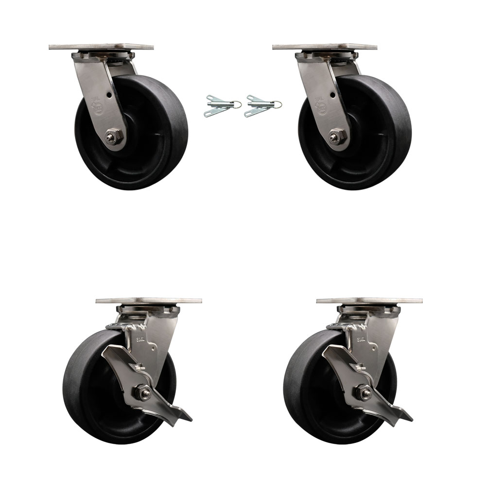 316 Stainless Steel Heavy Duty Swivel Caster Set with 6 Inch Glass Filled Nylon Wheels and Ball Bearings - Includes 2 Swivel with Bolt on Swivel Locks and 2 Swivel with Brakes - Service Caster Brand — photo 1