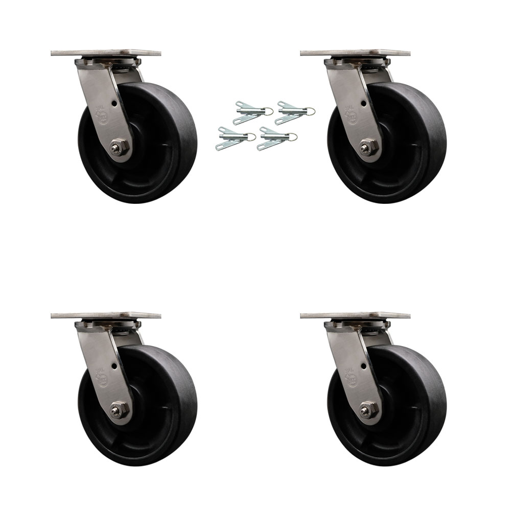 316 Stainless Steel Heavy Duty Swivel Caster Set of 4 with 6 Inch Glass Filled Nylon Wheels - Includes 4 Swivel with Bolt on Swivel Locks - 5,000 lbs. Total Capacity - Service Caster Brand — photo 1