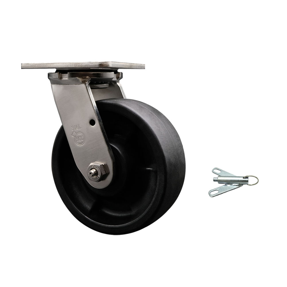 316 Stainless Steel Heavy Duty Swivel Top Plate Caster with Bolt on Swivel Lock and 6 Inch Glass Filled Nylon Wheel with Ball Bearings - 1,250 lbs. Capacity/Caster - Service Caster Brand — photo 1