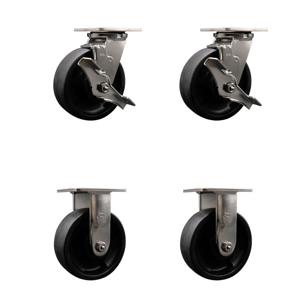 316 Stainless Steel Heavy Duty Swivel Caster Set of 4 with 6 Inch Glass Filled Nylon Wheels and Ball Bearings - Includes 2 Swivel with Brakes and 2 Rigid - Service Caster Brand — photo 1
