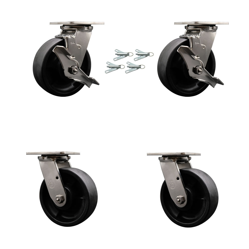 316 Stainless Heavy Duty Swivel Caster Set with 6 Inch Glass Filled Nylon Wheels and Ball Bearing-Include 2 Swivel w/Brake & Bolt on Swivel Lock and 2 Swivel w/Bolt on Swivel Lock-Service Caster Brand — photo 1