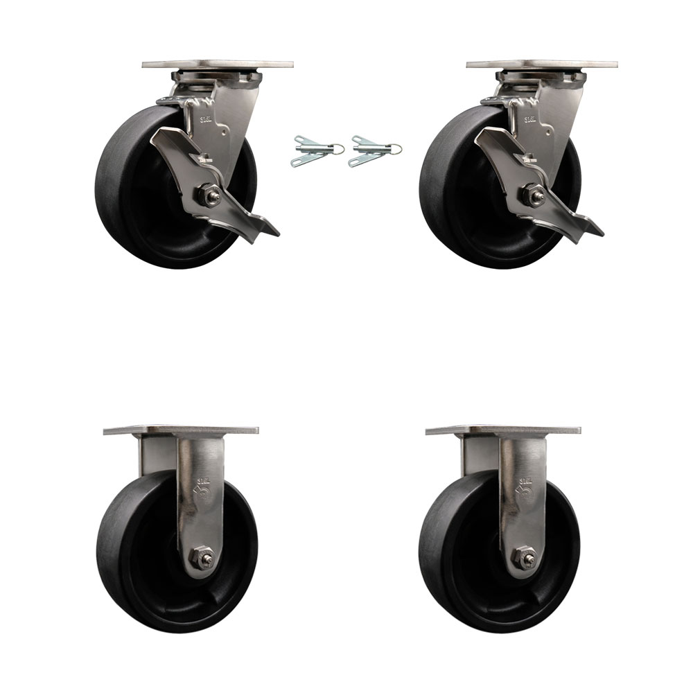 316 Stainless Steel Heavy Duty Swivel Caster Set with 6 Inch Glass Filled Nylon Wheels and Ball Bearings - Includes 2 Swivel with Brakes and Bolt on Swivel Locks and 2 Rigid - Service Caster Brand — photo 1