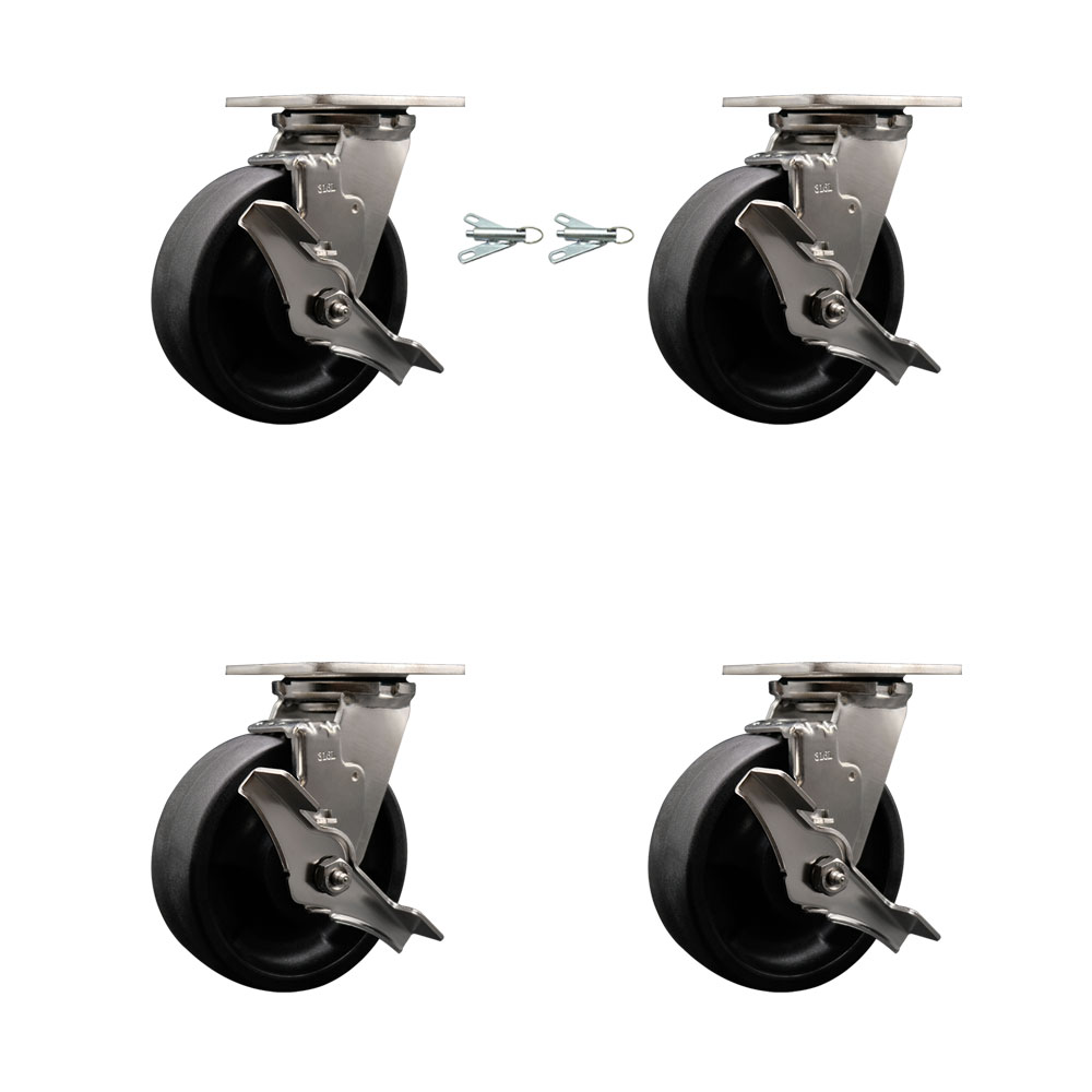 316 Stainless Steel Heavy Duty Swivel Caster Set with 6 Inch Glass Filled Nylon Wheels and Delrin Bearing - Include 2 Swivel with Brake & Bolt on Swivel Lock and 2 Swivel w/Brakes-Service Caster Brand — photo 1