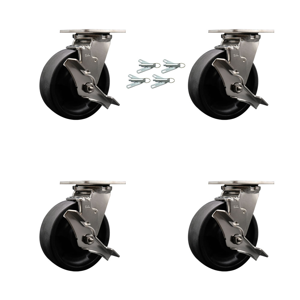 316 Stainless Steel Heavy Duty Swivel Caster Set of 4 with 6 Inch Glass Filled Nylon Wheels and Ball Bearings - Includes 4 Swivel with Top Lock Brakes and Bolt on Swivel Locks - Service Caster Brand — photo 1