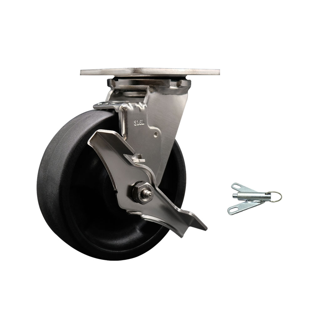 316 Stainless Steel Heavy Duty Swivel Top Plate Caster with Top Lock Brake and Bolt on Swivel Lock and 6 Inch Glass Filled Nylon Wheel with Ball Bearings - Service Caster Brand — photo 1