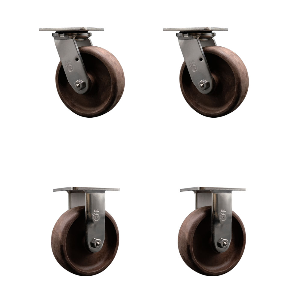 316 Stainless Steel Heavy Duty Swivel Caster Set of 4 with 6 Inch High Temperature Glass Filled Nylon Wheels - Includes 2 Swivel and 2 Rigid - 4,400 lbs. Total Capacity - Service Caster Brand — photo 1