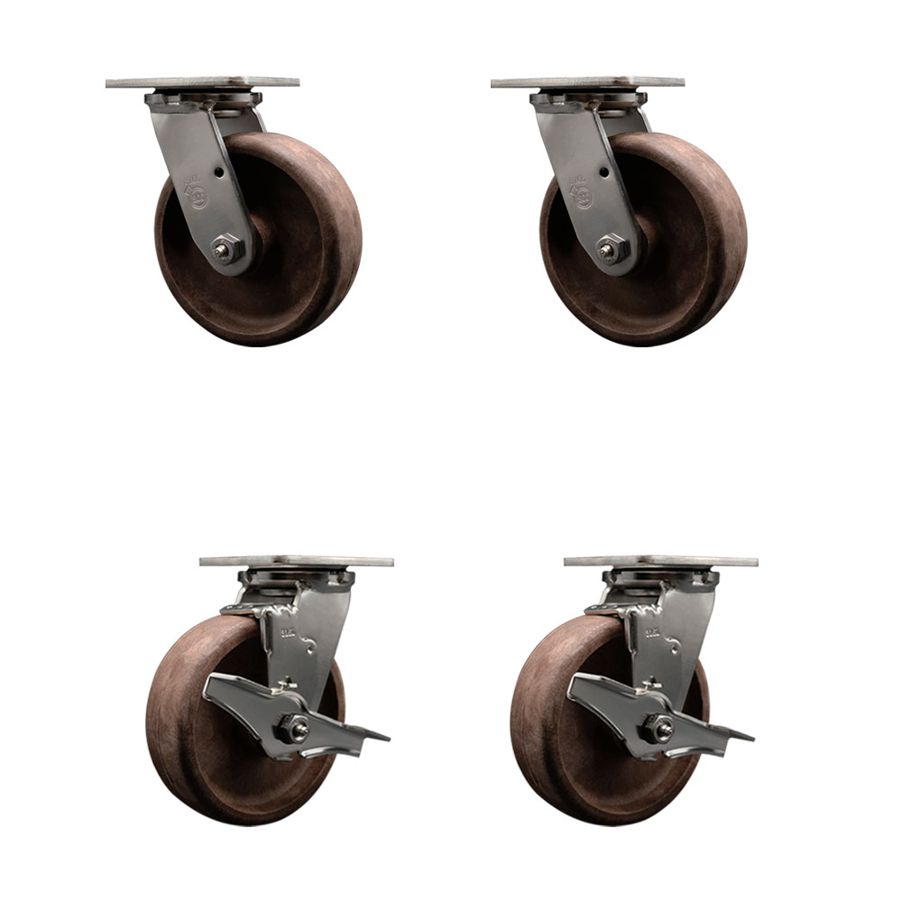316 Stainless Steel Heavy Duty Swivel Caster Set of 4 with 6 Inch High Temperature Glass Filled Nylon Wheels-Includes 2 Swivel with Brakes and 2 Swivel-4,400 lbs. Total Capacity - Service Caster Brand — photo 1