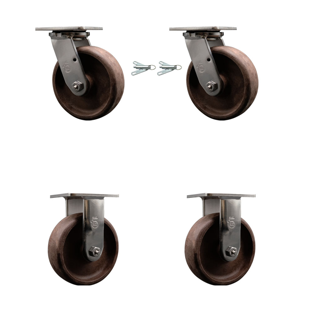 316 Stainless Steel Heavy Duty Swivel Caster Set of 4 with 6 Inch High Temperature Glass Filled Nylon Wheels - Includes 2 Swivel with Bolt on Swivel Locks and 2 Rigid - Service Caster Brand — photo 1