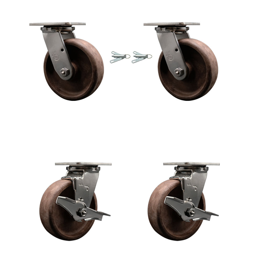 316 Stainless Steel Heavy Duty Swivel Caster Set with 6 Inch High Temperature Glass Filled Nylon Wheels - Includes 2 Swivel with Bolt on Swivel Locks and 2 Swivel with Brakes - Service Caster Brand — photo 1