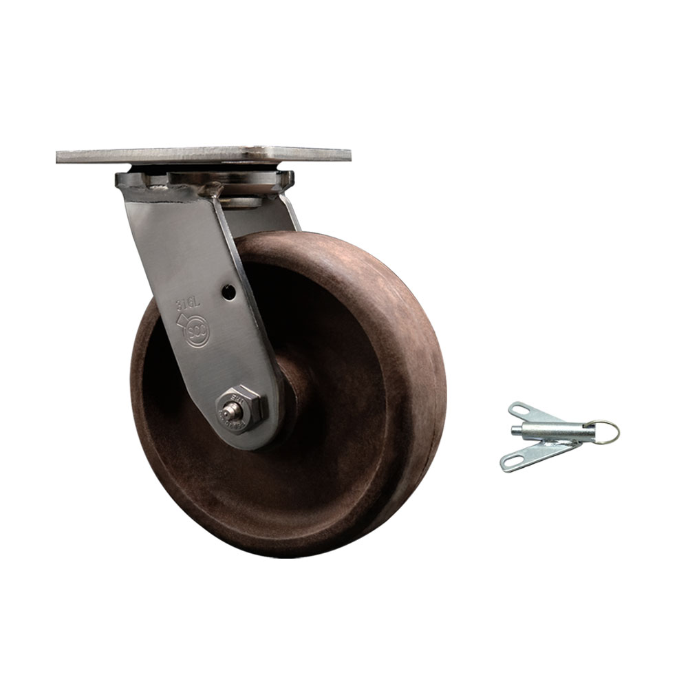 316 Stainless Steel Heavy Duty Swivel Top Plate Caster with Bolt on Swivel Lock and 6 Inch High Temperature Glass Filled Nylon Wheel - 1,100 lbs. Capacity/Caster - Service Caster Brand — photo 1