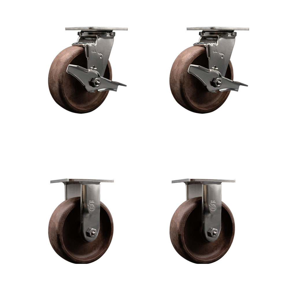 316 Stainless Steel Heavy Duty Swivel Caster Set of 4 with 6 Inch High Temperature Glass Filled Nylon Wheels-Includes 2 Swivel with Brakes and 2 Rigid- 4,400 lbs. Total Capacity - Service Caster Brand — photo 1