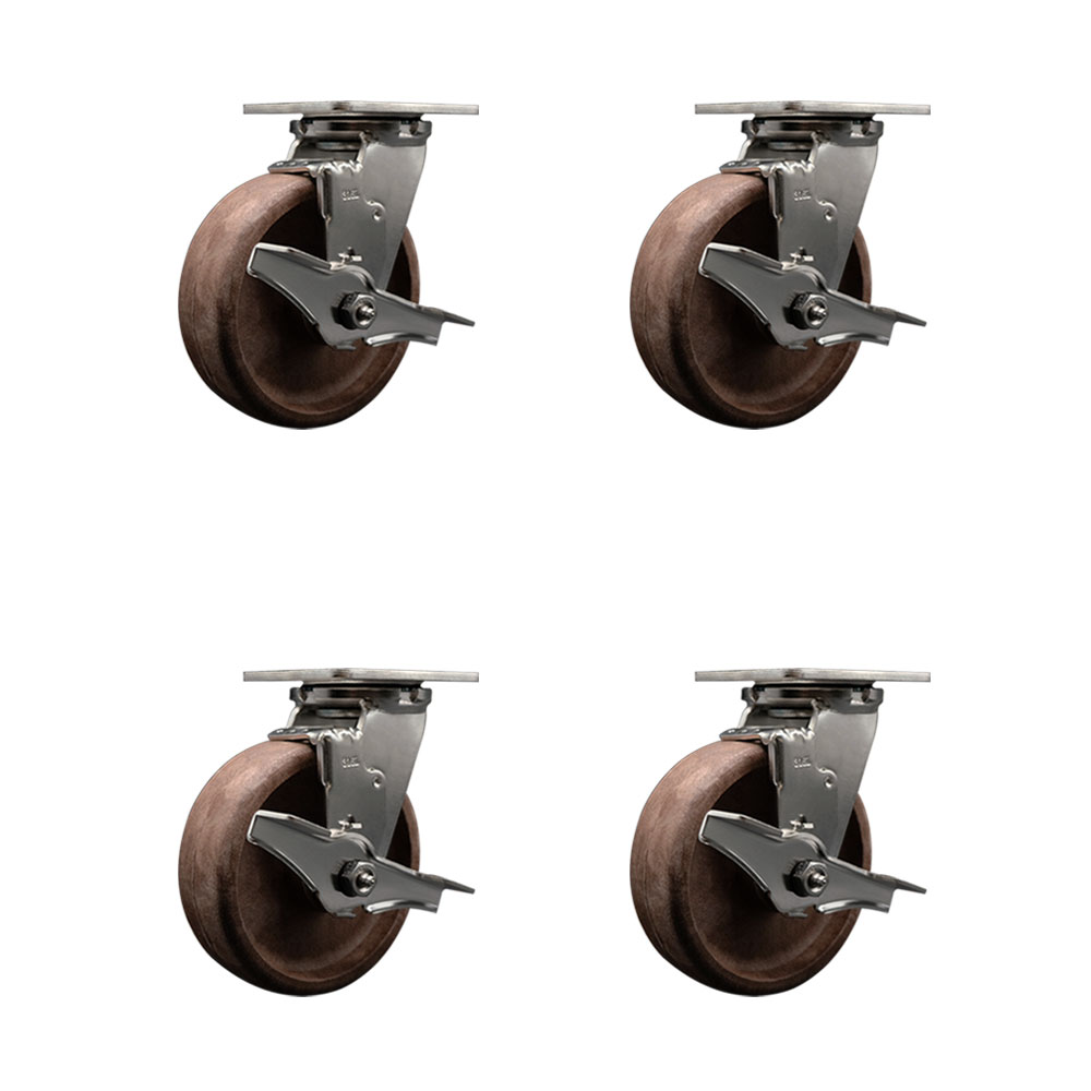 316 Stainless Steel Heavy Duty Swivel Caster Set of 4 with 6 Inch High Temperature Glass Filled Nylon Wheels - Includes 4 Swivel with Top Lock Brakes - 4,400 lbs. Total Capacity - Service Caster Brand — photo 1