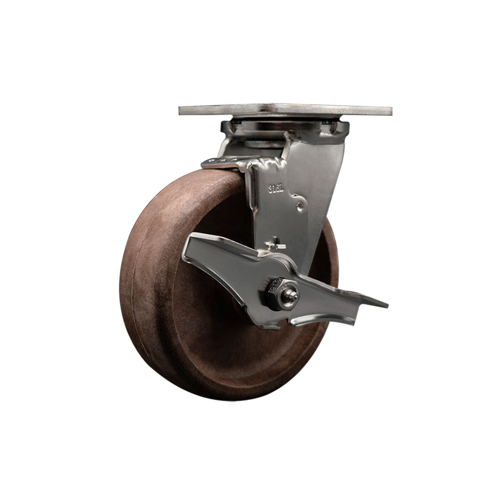 316 Stainless Steel Heavy Duty Swivel Top Plate Caster with Top Lock Brake and 6 Inch High Temperature Glass Filled Nylon Wheel - 1,100 lbs. Capacity/Caster - Service Caster Brand — photo 1