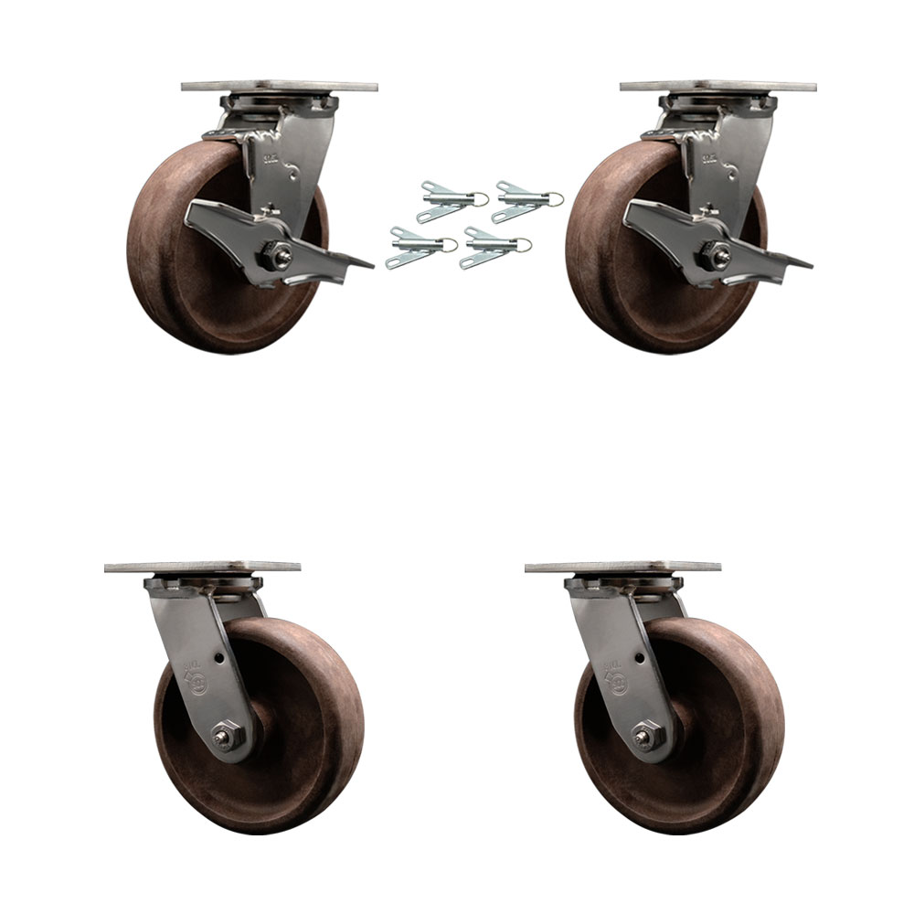 316 Stainless Heavy Duty Swivel Caster Set with 6 Inch High Temp Glass Filled Nylon Wheel-Include 2 Swivel with Brake and Bolt on Swivel Lock and 2 Swivel with Bolt on Swivel Lock-Service Caster Brand — photo 1