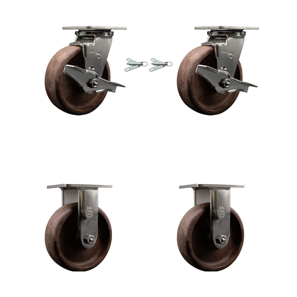316 Stainless Steel Heavy Duty Swivel Caster Set with 6 Inch High Temperature Glass Filled Nylon Wheels - Includes 2 Swivel with Brakes and Bolt on Swivel Locks and 2 Rigid - Service Caster Brand — photo 1