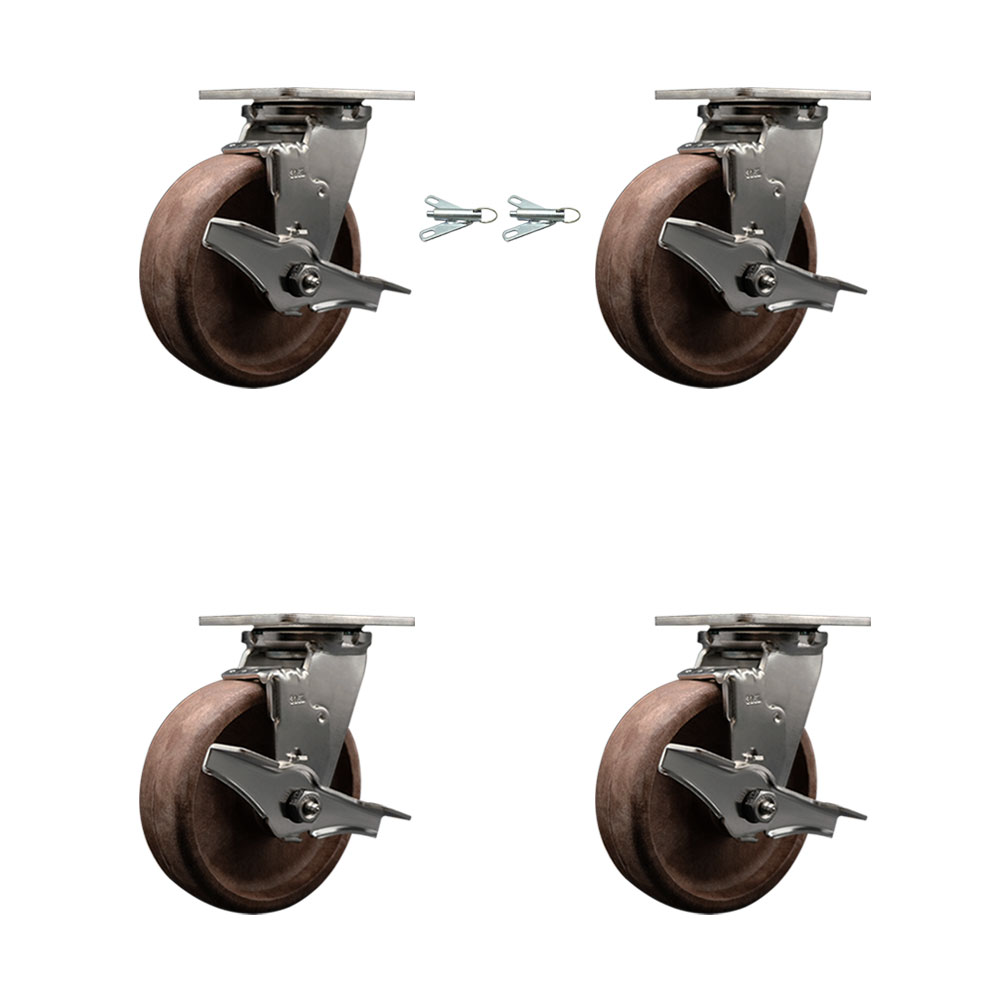316 Stainless Steel Heavy Duty Swivel Caster Set with 6 Inch High Temp Glass Filled Nylon Wheels - Includes 2 Swivel with Brakes and Bolt on Swivel Locks and 2 Swivel with Brakes- Service Caster Brand — photo 1