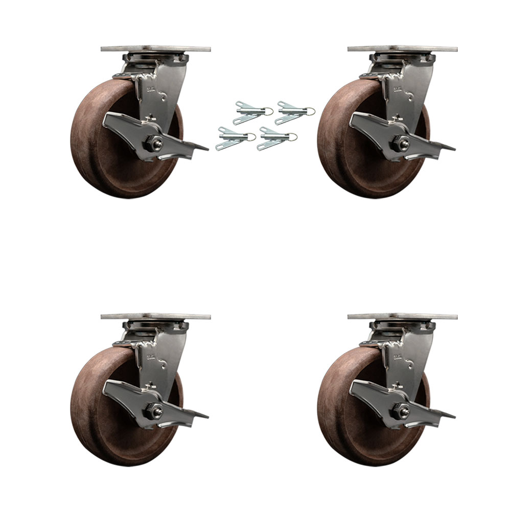 316 Stainless Steel Heavy Duty Swivel Caster Set of 4 with 6 Inch High Temperature Glass Filled Nylon Wheels - Includes 4 Swivel with Top Lock Brakes and Bolt on Swivel Locks - Service Caster Brand — photo 1