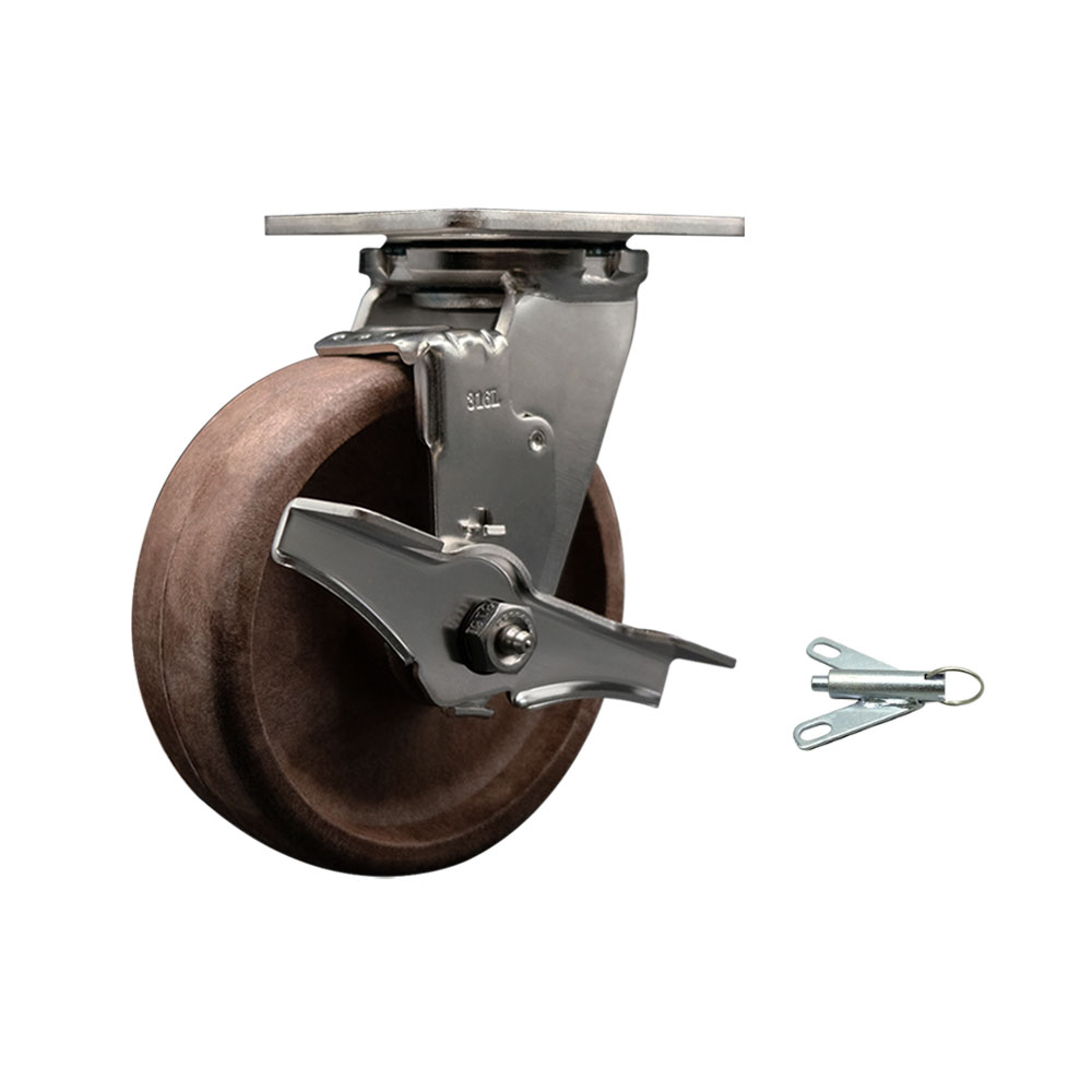 316 Stainless Steel Heavy Duty Swivel Top Plate Caster with Top Lock Brake and Bolt on Swivel Lock and 6 Inch High Temperature Glass Filled Nylon Wheel - 1,100lbs. Capacity/Caster-Service Caster Brand — photo 1
