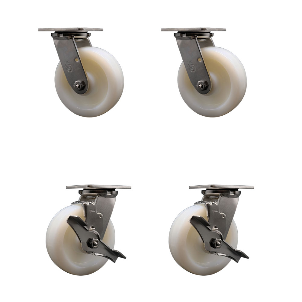316 Stainless Steel Heavy Duty Swivel Caster Set of 4 with 6 Inch Nylon Wheels - Includes 2 Swivel with Brakes and 2 Swivel - 5,000 lbs. Total Capacity - Service Caster Brand — photo 1