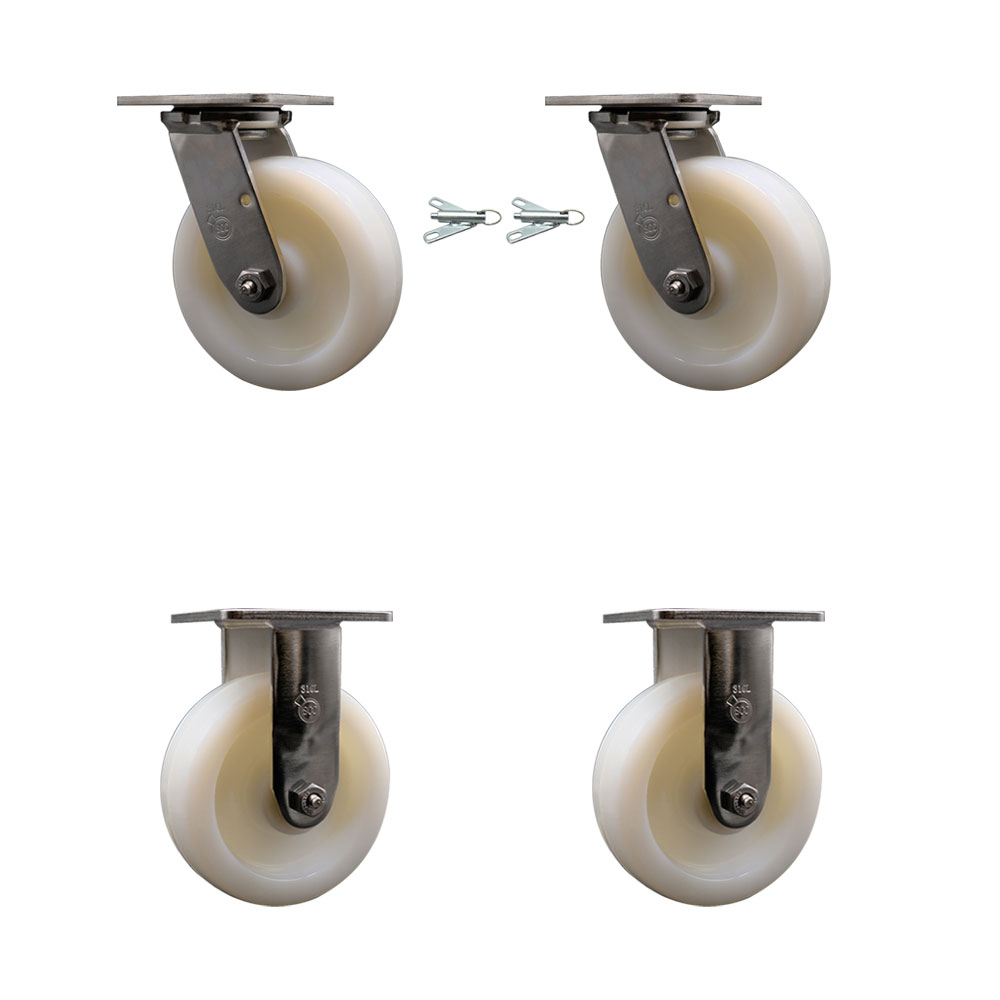 316 Stainless Steel Heavy Duty Swivel Caster Set of 4 with 6 Inch Nylon Wheels - Includes 2 Swivel with Bolt on Swivel Locks and 2 Rigid - 5,000 lbs. Total Capacity - Service Caster Brand — photo 1
