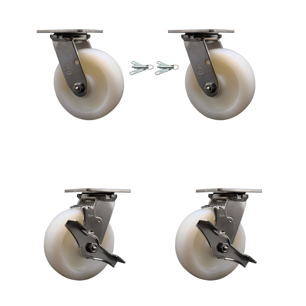 316 Stainless Steel Heavy Duty Swivel Caster Set with 6 Inch Nylon Wheels and Delrin Bearings - Includes 2 Swivel with Bolt on Swivel Locks and 2 Swivel with Brakes - Service Caster Brand — photo 1