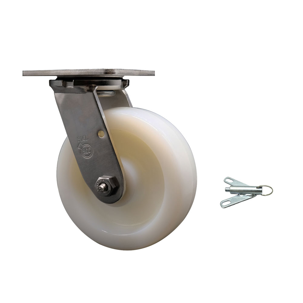316 Stainless Steel Heavy Duty Swivel Top Plate Caster with Bolt on Swivel Lock and 6 Inch Nylon Wheel with Delrin Bearings - 1,250 lbs. Capacity/Caster - Service Caster Brand — photo 1