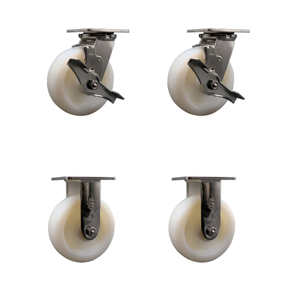 316 Stainless Steel Heavy Duty Swivel Caster Set of 4 with 6 Inch Nylon Wheels and Delrin Bearings - Includes 2 Swivel with Brakes and 2 Rigid - 5,000 lbs. Total Capacity - Service Caster Brand — photo 1