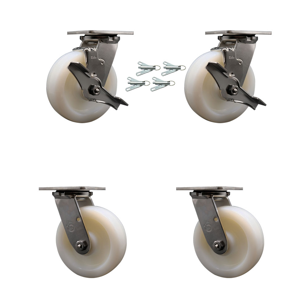 316 Stainless Heavy Duty Swivel Caster Set with 6 Inch Nylon Wheels and Delrin Bearings-Includes 2 Swivel with Brakes and Bolt on Swivel Lock and 2 Swivel with Bolt on Swivel Lock-Service Caster Brand — photo 1