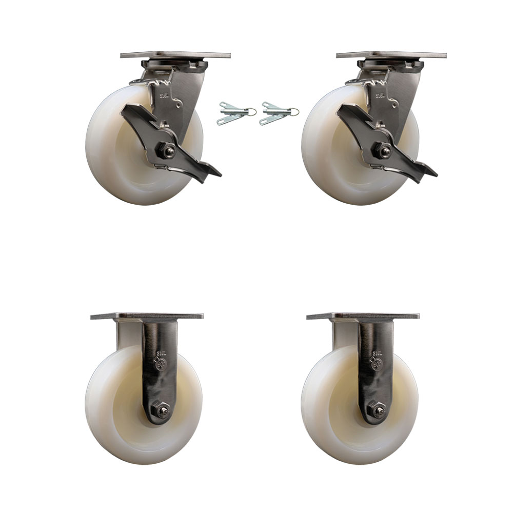 316 Stainless Steel Heavy Duty Swivel Caster Set with 6 Inch Nylon Wheels and Ball Bearings - Includes 2 Swivel with Brakes and Bolt on Swivel Locks and 2 Rigid - Service Caster Brand — photo 1