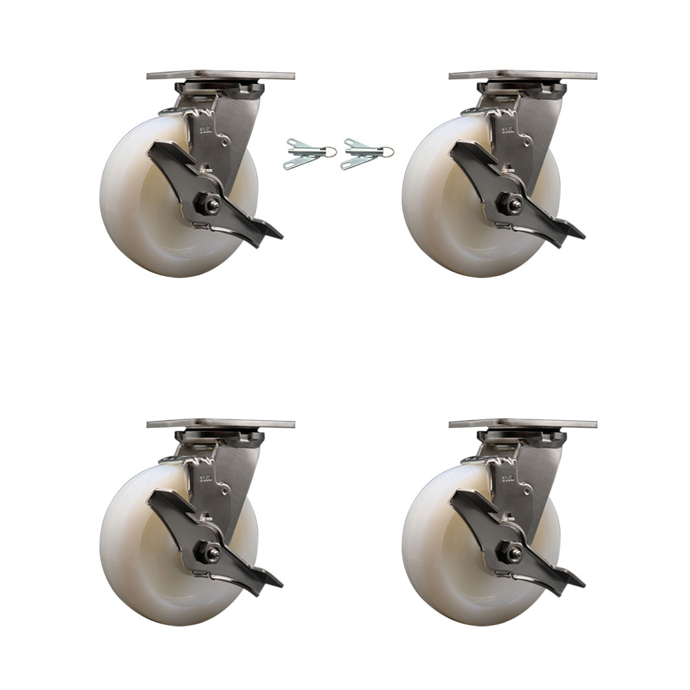 316 Stainless Steel Heavy Duty Swivel Caster Set with 6 Inch  Nylon Wheels - Includes 2 Swivel with Brakes and Bolt on Swivel Locks and 2 Swivel with Brakes - Service Caster Brand — photo 1