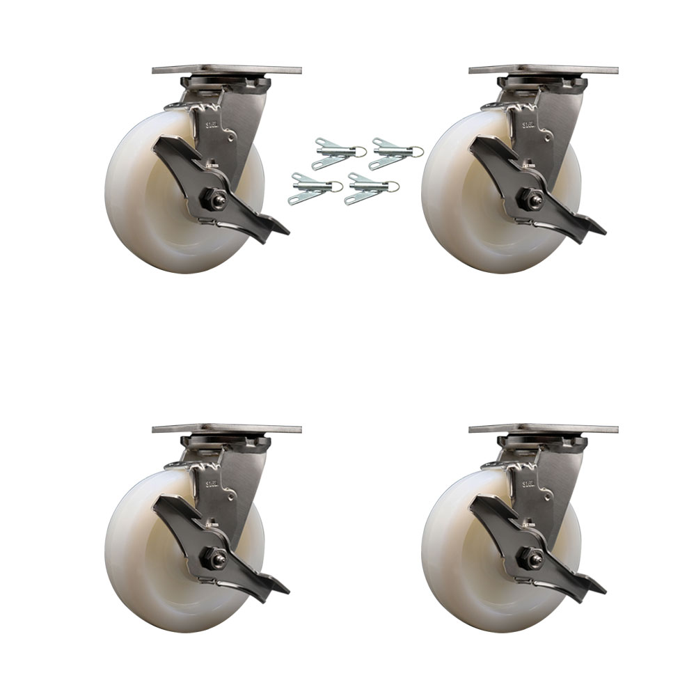 316 Stainless Steel Heavy Duty Swivel Caster Set of 4 with 6 Inch  Nylon Wheels - Includes 4 Swivel with Top Lock Brakes and Bolt on Swivel Locks - 5,000 lbs. Total Capacity - Service Caster Brand — photo 1