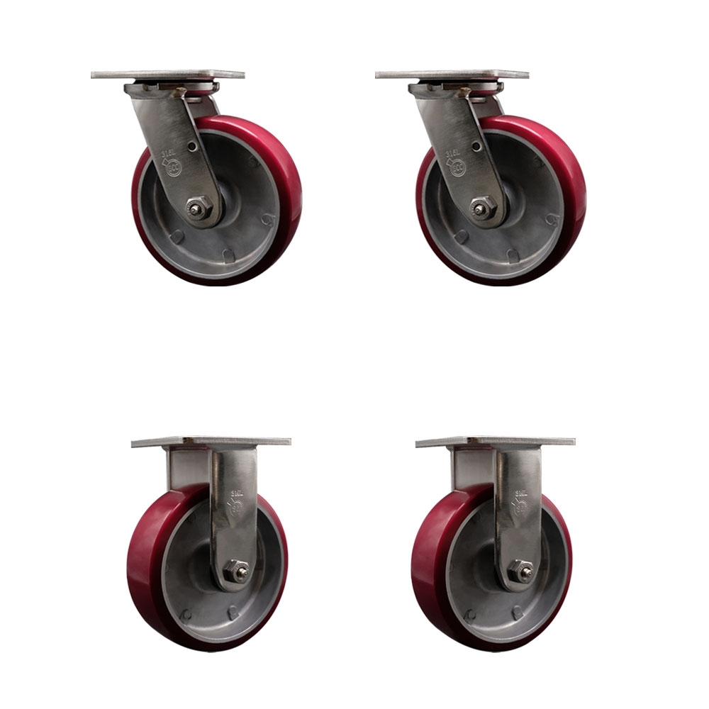 316 Stainless Steel Heavy Duty Swivel Caster Set of 4 with 6 Inch Polyurethane on Aluminum Wheels and Delrin Bearings - Includes 2 Swivel and 2 Rigid - 4,800 lbs. Total Capacity - Service Caster Brand — photo 1