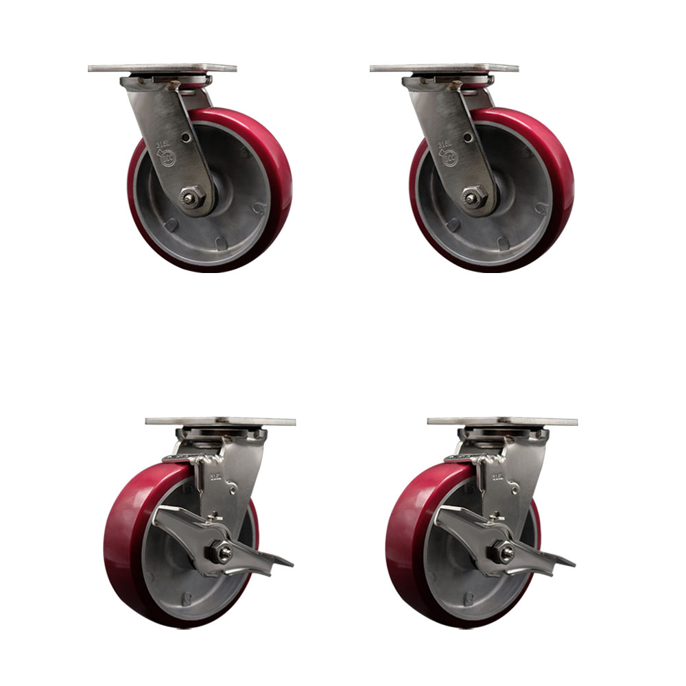 316 Stainless Steel Heavy Duty Swivel Caster Set of 4 with 6 Inch Polyurethane on Aluminum Wheels - Includes 2 Swivel with Brakes and 2 Swivel - 4,800 lbs. Total Capacity - Service Caster Brand — photo 1
