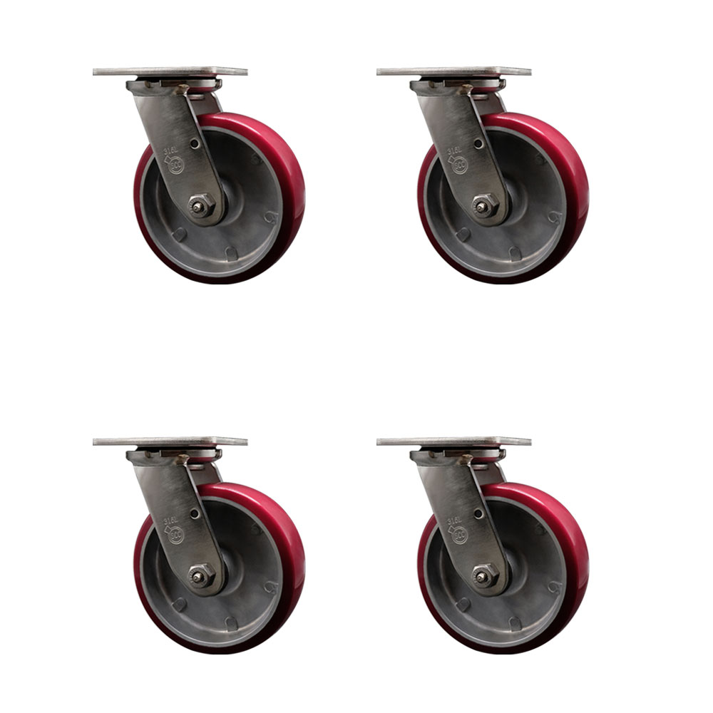 316 Stainless Steel Heavy Duty Swivel Caster Set of 4 with 6 Inch Polyurethane on Aluminum Wheels - Includes 4 Swivel - 4,800 lbs. Total Capacity - Service Caster Brand — photo 1