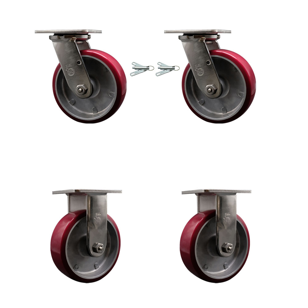 316 Stainless Steel Heavy Duty Swivel Caster Set of 4 with 6 Inch Polyurethane on Aluminum Wheels and Ball Bearings - Includes 2 Swivel with Bolt on Swivel Locks and 2 Rigid - Service Caster Brand — photo 1