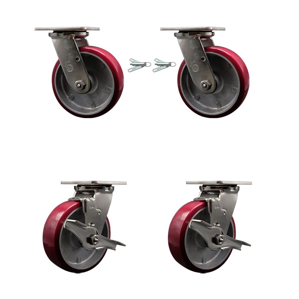 316 Stainless Steel Heavy Duty Swivel Caster Set with 6 Inch Polyurethane on Aluminum Wheels -Includes 2 Swivel with Bolt on Swivel Locks and 2 Swivel with Brakes - Service Caster Brand — photo 1