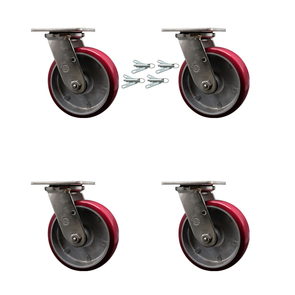 316 Stainless Steel Heavy Duty Swivel Caster Set of 4 with 6 Inch Polyurethane on Aluminum Wheels - Includes 4 Swivel with Bolt on Swivel Locks - 4,800 lbs. Total Capacity - Service Caster Brand — photo 1