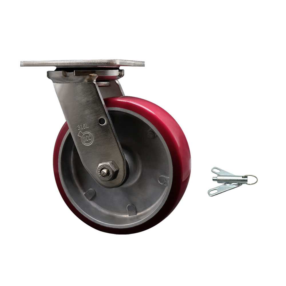 316 Stainless Steel Heavy Duty Swivel Top Plate Caster with Bolt on Swivel Lock and 6 Inch Polyurethane on Aluminum Wheel with Ball Bearings - 1,200 lbs. Capacity/Caster - Service Caster Brand — photo 1