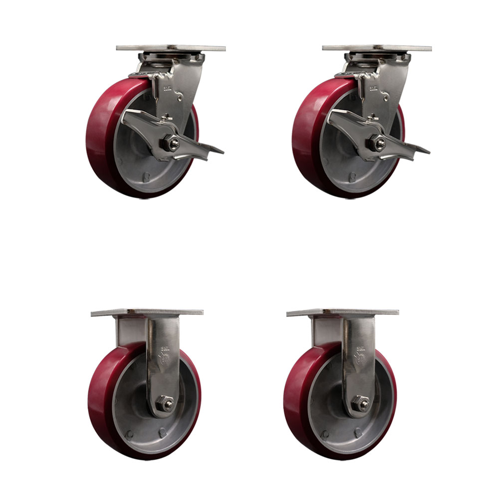 316 Stainless Steel Heavy Duty Swivel Caster Set of 4 with 6 Inch Polyurethane on Aluminum Wheels and Delrin Bearings - Includes 2 Swivel with Brakes and 2 Rigid - Service Caster Brand — photo 1
