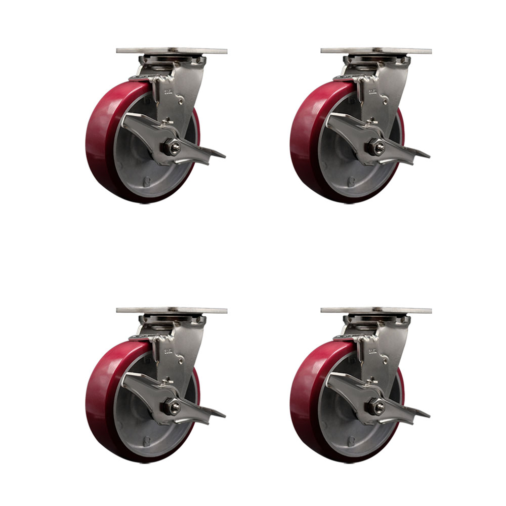 316 Stainless Steel Heavy Duty Swivel Caster Set of 4 with 6 Inch Polyurethane on Aluminum Wheels - Includes 4 Swivel with Top Lock Brakes - 4,800 lbs. Total Capacity - Service Caster Brand — photo 1
